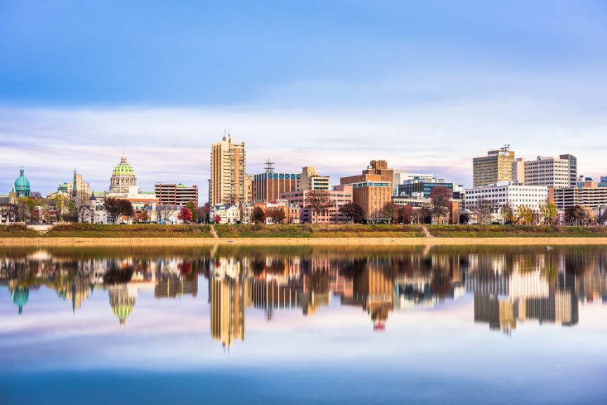 A wide-angle view of the Susquehanna River with the skyline of Harrisburg, PA in the background
